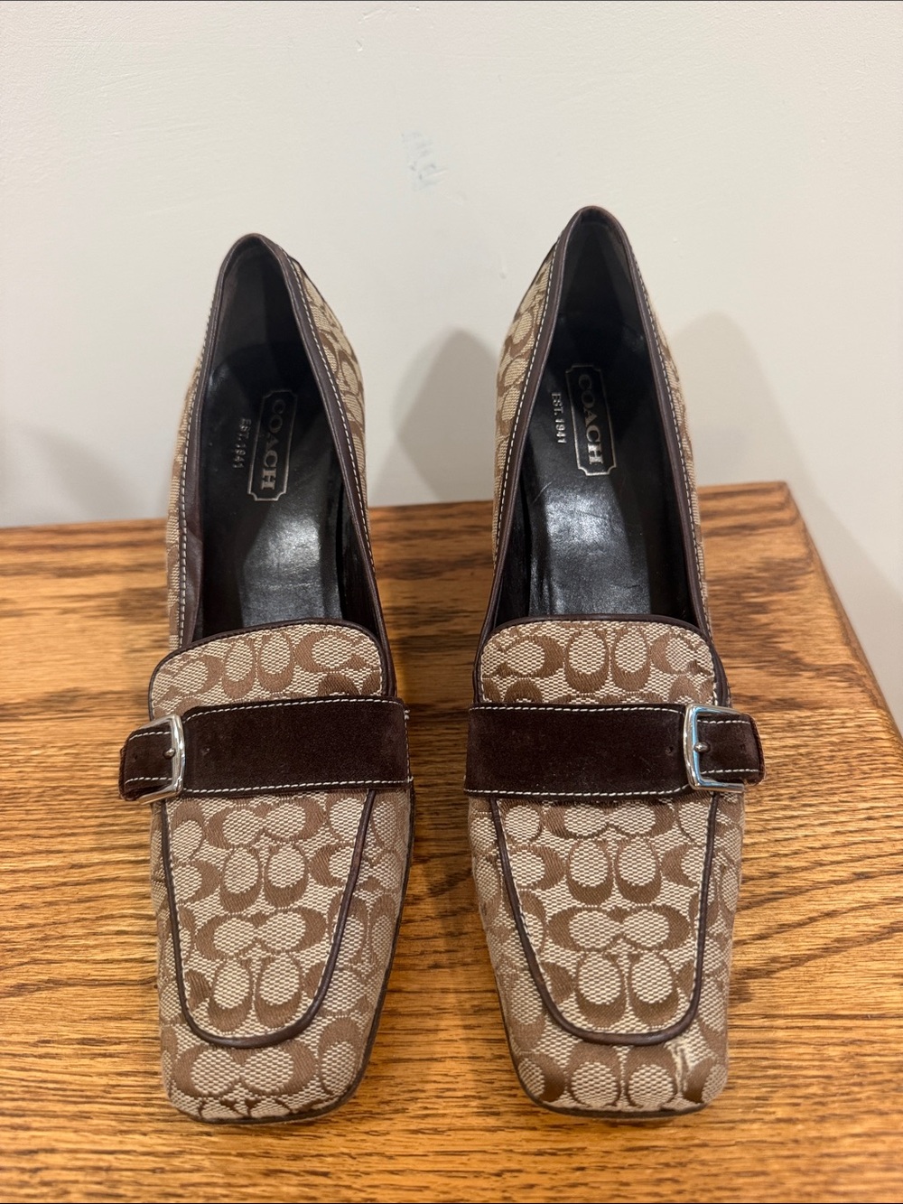 Vintage Coach Tan & Brown Signature Canvas Loafers with Suede Strap